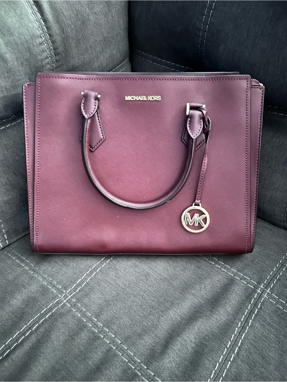 Michael Kors Plum Saffiano Leather Satchel with Gold MK Charm